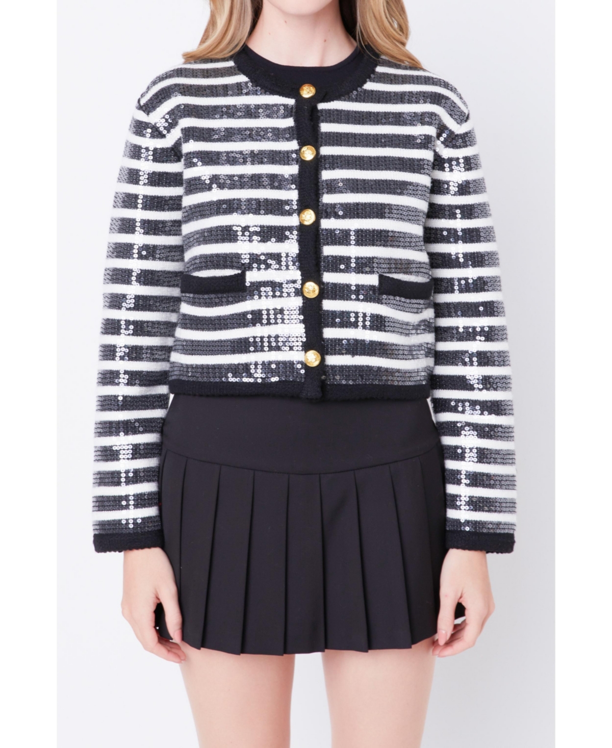 ENGLISH FACTORY WOMEN'S SEQUIN STRIPED KNIT CARDIGAN