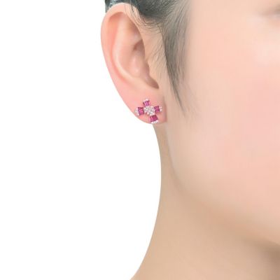 Teens/Young Adults Sterling Silver with Baguette and Clear Round Cubic Zirconia Butterfly Stud Earrings