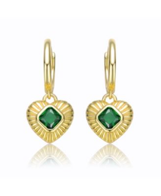 Teens Sterling Silver 14k Gold Plated with Green Cubic Zirconias Dangle Heart Huggie Hoop Earrings
