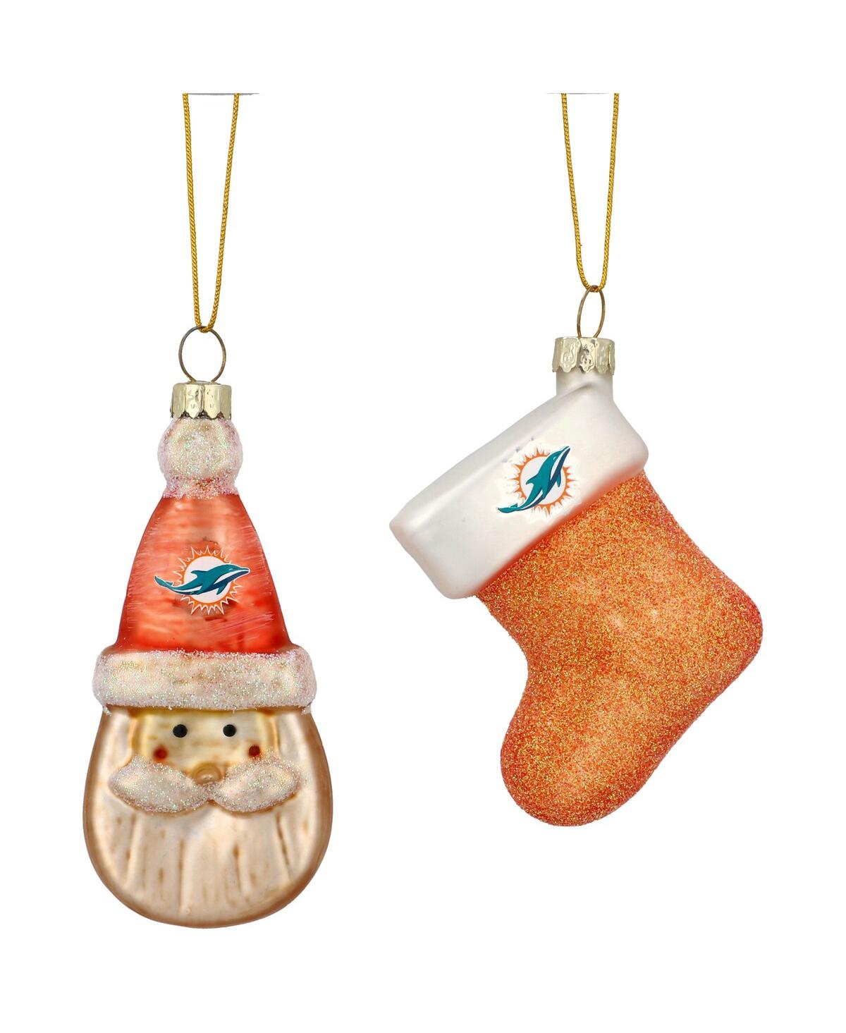 Miami Dolphins Two-Pack Santa and Stocking Blown Glass Ornament Set - Orange