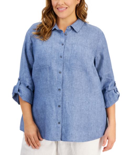 Женская рубашка Charter Club Plus Size Roll-Tab 100% Linen, цвет: Синий океанский