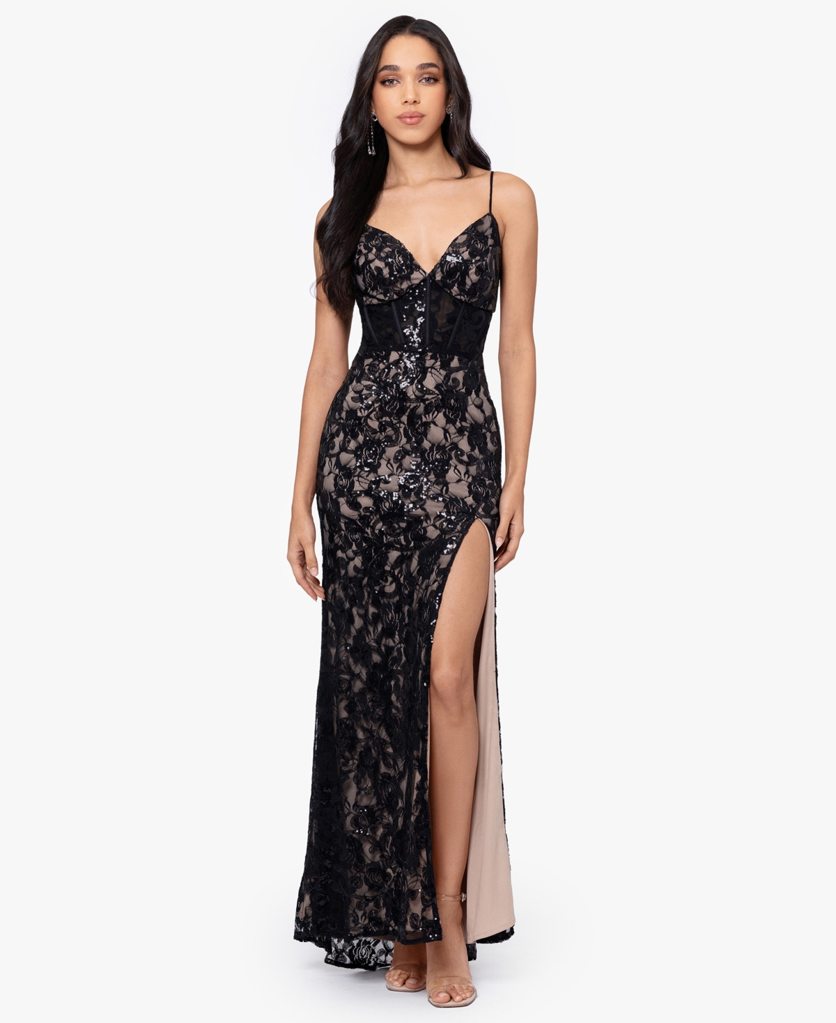 Blondie Nites Juniors' Sequined Lace Corset Gown -Nude