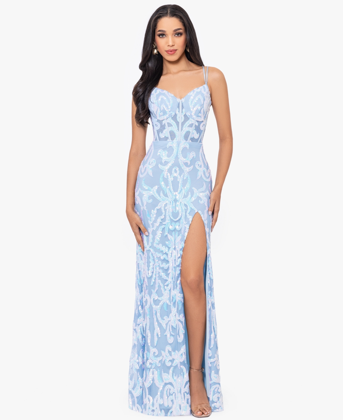 Juniors' Sequin Strappy Sleeveless Gown - Blue