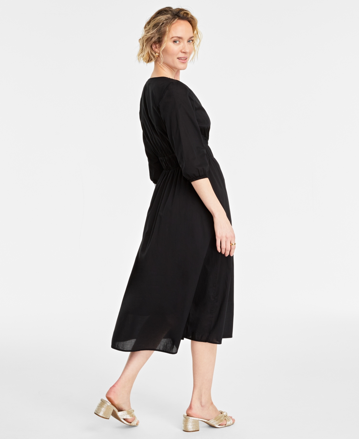 On 34th Women's Cotton Surplice-Neck 3/4-Sleeve Midi Dress, Created for Macy's