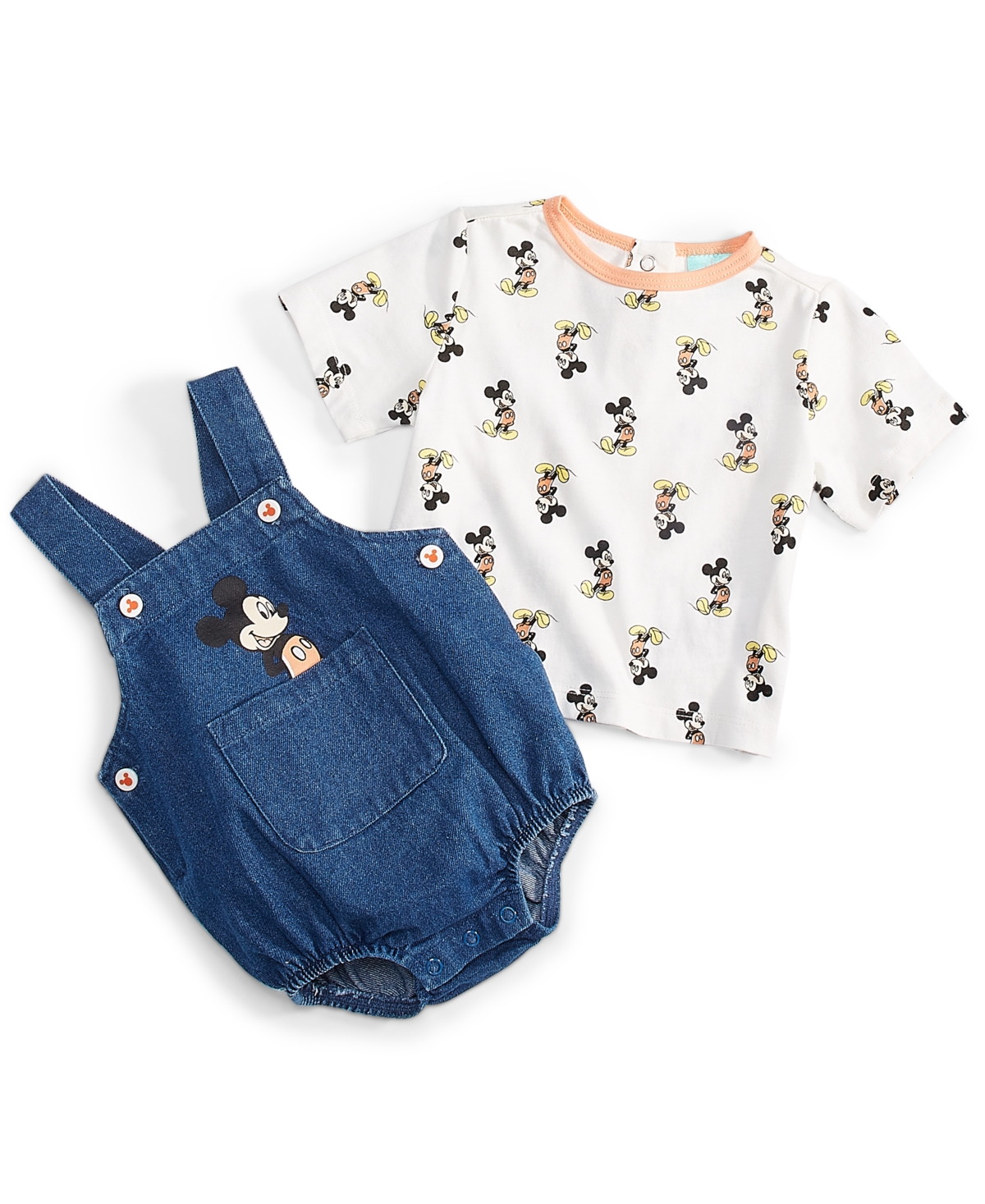 Disney Baby Boys Mickey Mouse T-shirt & Woven Denim Shortall, 2 Piece Set In Multi