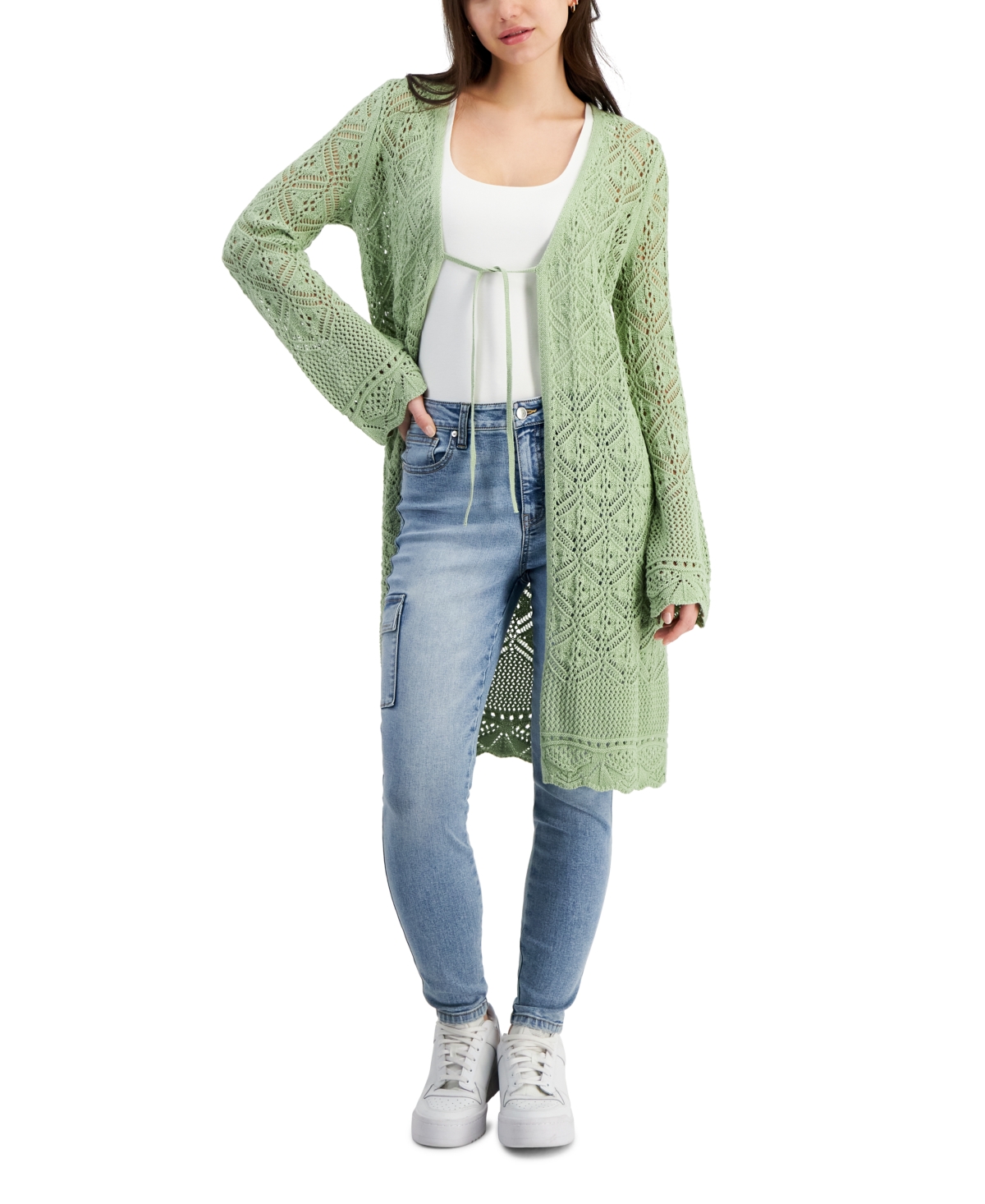Shop Hooked Up By Iot Juniors' Diamond Stitch Long-sleeve Duster In Fresh Sage
