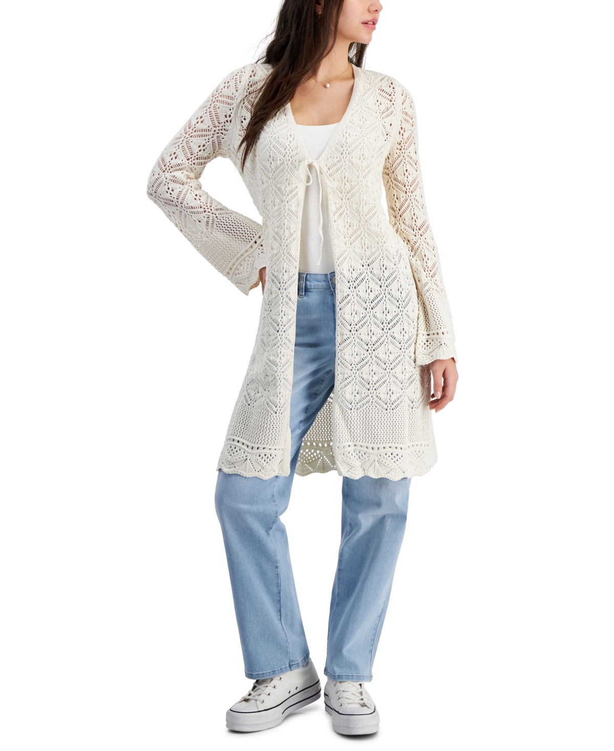 Shop Hooked Up By Iot Juniors' Diamond Stitch Long-sleeve Duster In Cream