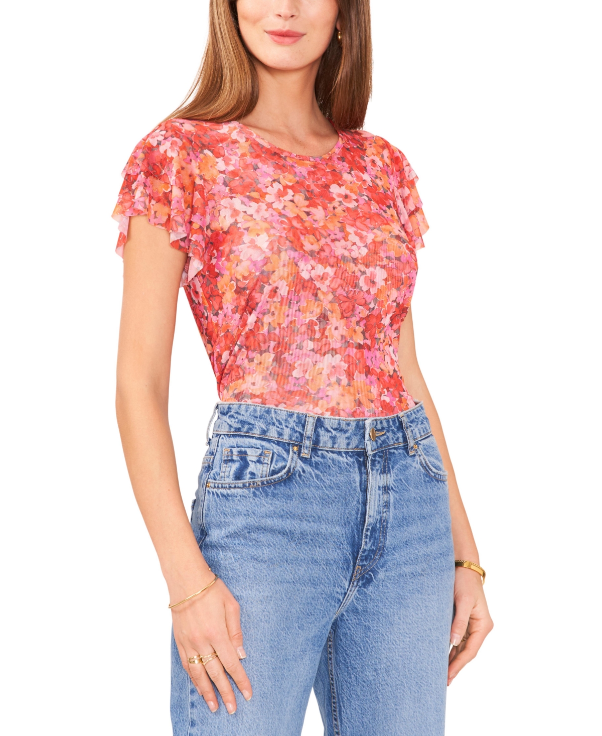 Shop Vince Camuto Women's Printed Ruffled Sleeve Crewneck Blouse In Tulip Red