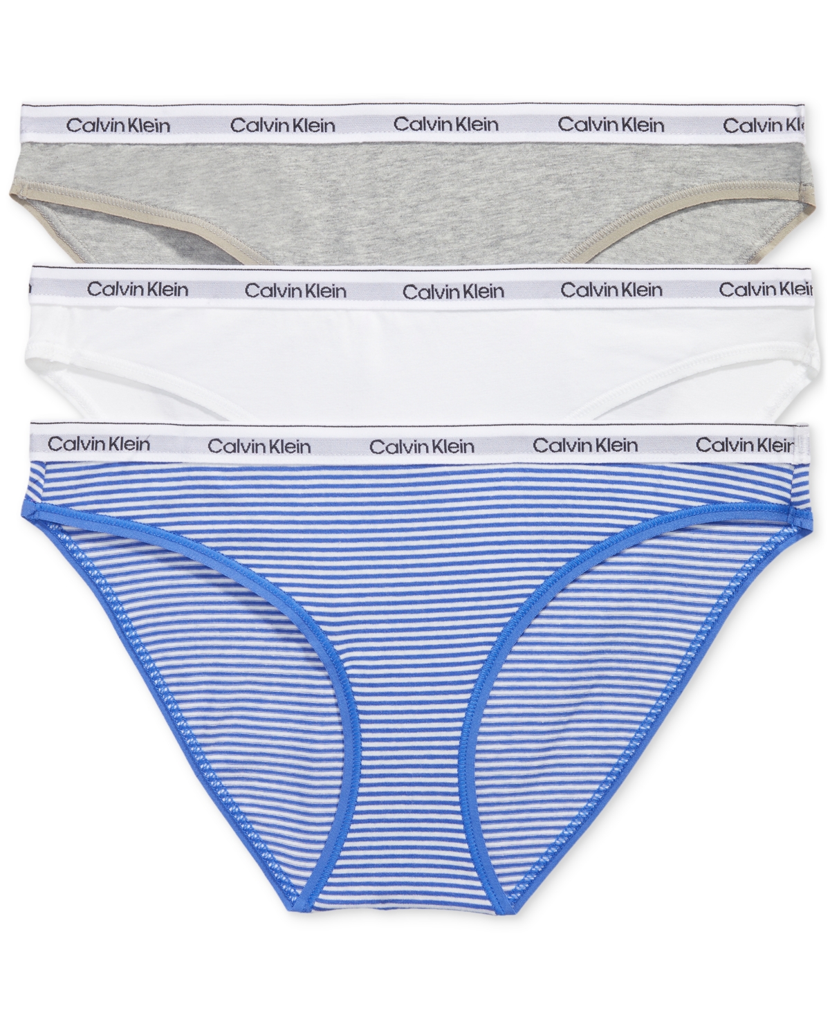 Shop Calvin Klein Women's 3-pk. Modern Logo Low-rise Bikini Underwear Qd5207 In Sophie Stripedazzling Blue,white,grey He