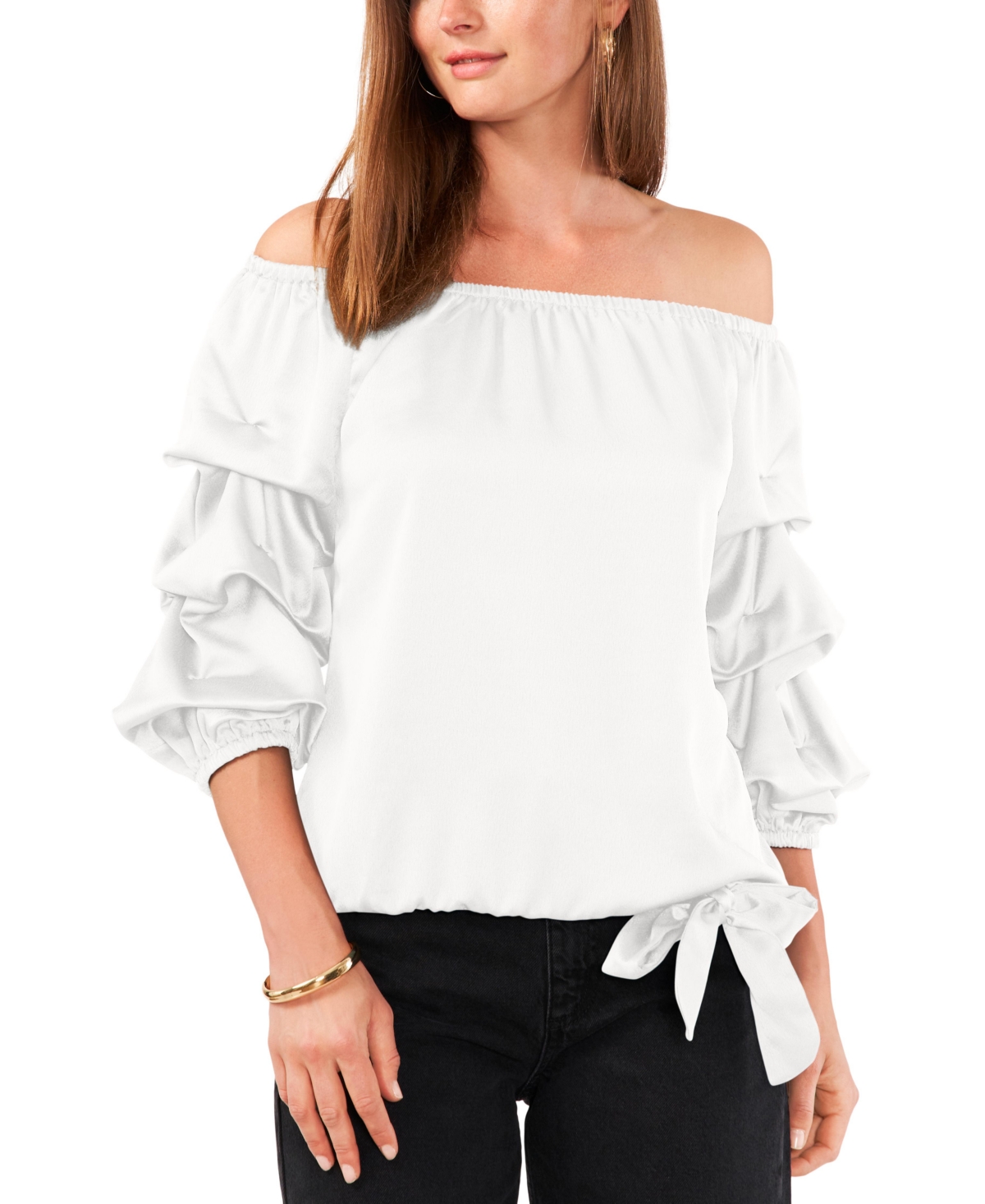 Women's Off The Shoulder Bubble Sleeve Tie Front Blouse - New Ivory