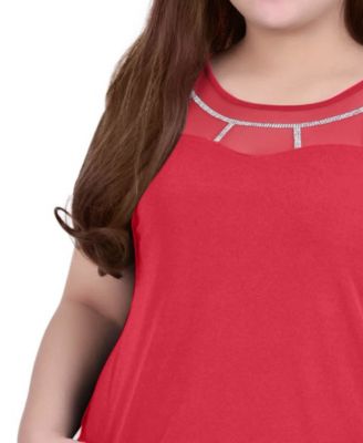 Plus Size Short Sleeve Knit Top with Mesh Yoke and Stone Detail