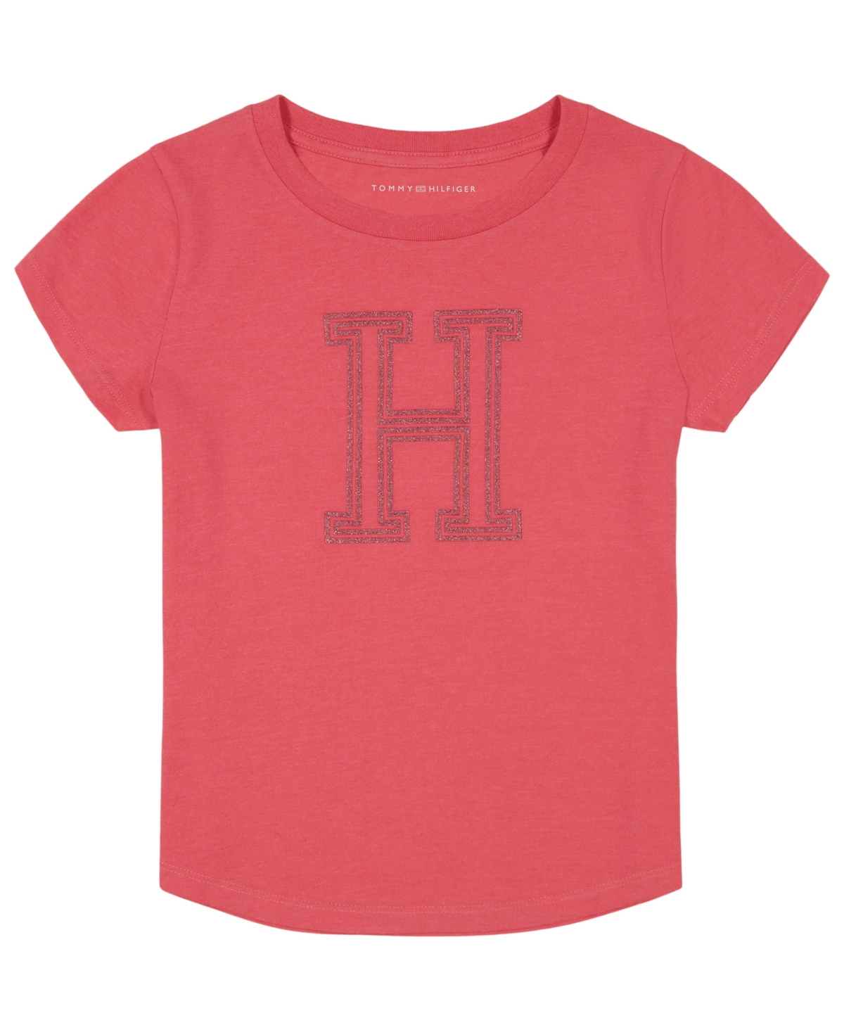 Shop Tommy Hilfiger Big Girls Big 'h' Glitter Short Sleeve T-shirt In Rouge Pink
