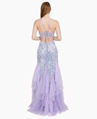 Dear Moon Juniors' Sequin Embellished Ruffle Trim Sleeveless Gown