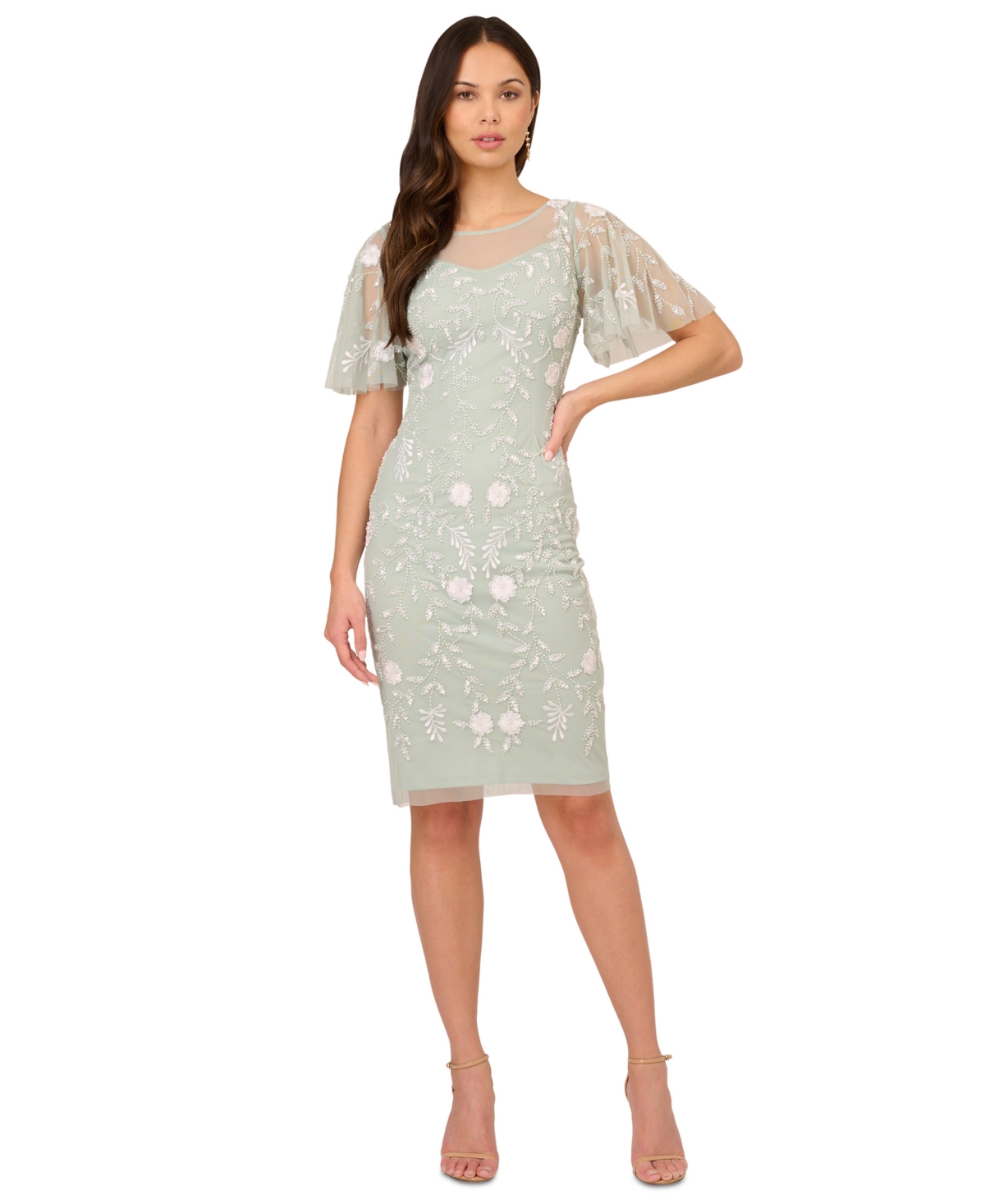 Shop Adrianna Papell Embellished Flutter-sleeve Sheath Dress In Icy Sage,ivory