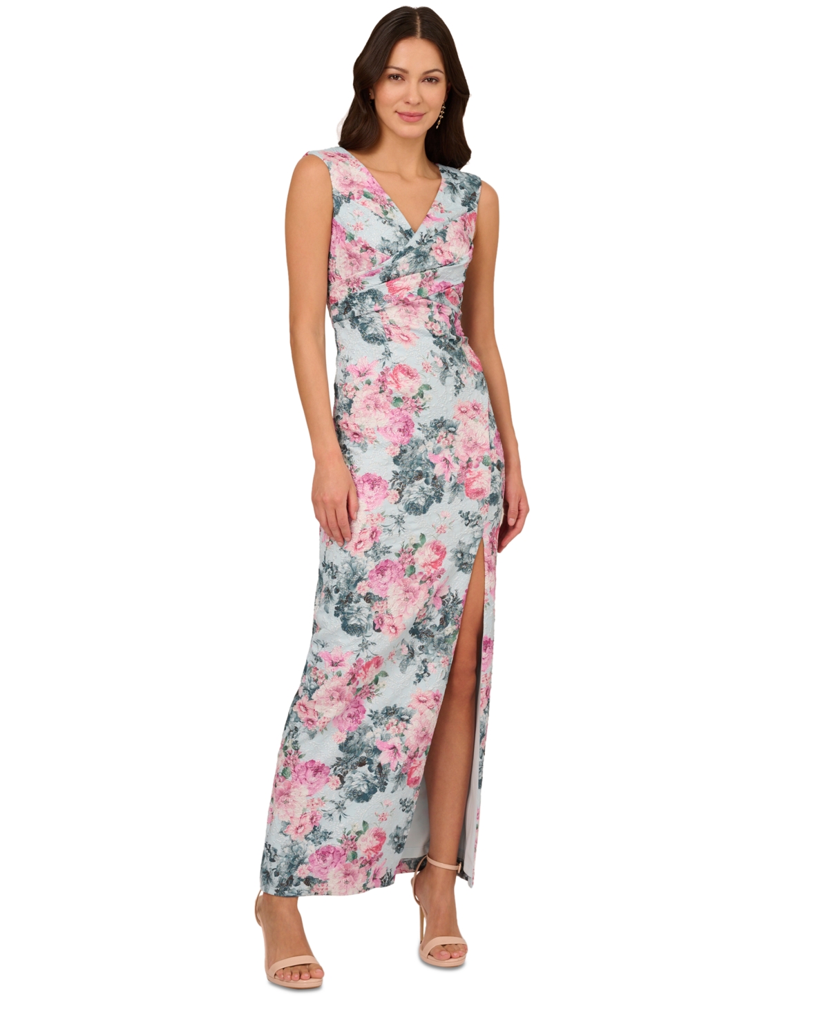 ADRIANNA PAPELL WOMEN'S SLEEVELESS FLORAL JACQUARD GOWN