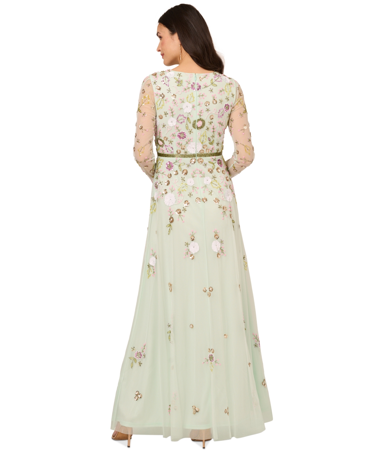 Shop Adrianna Papell Women's Sheer-sleeve Floral Beaded Gown In Mint Glass