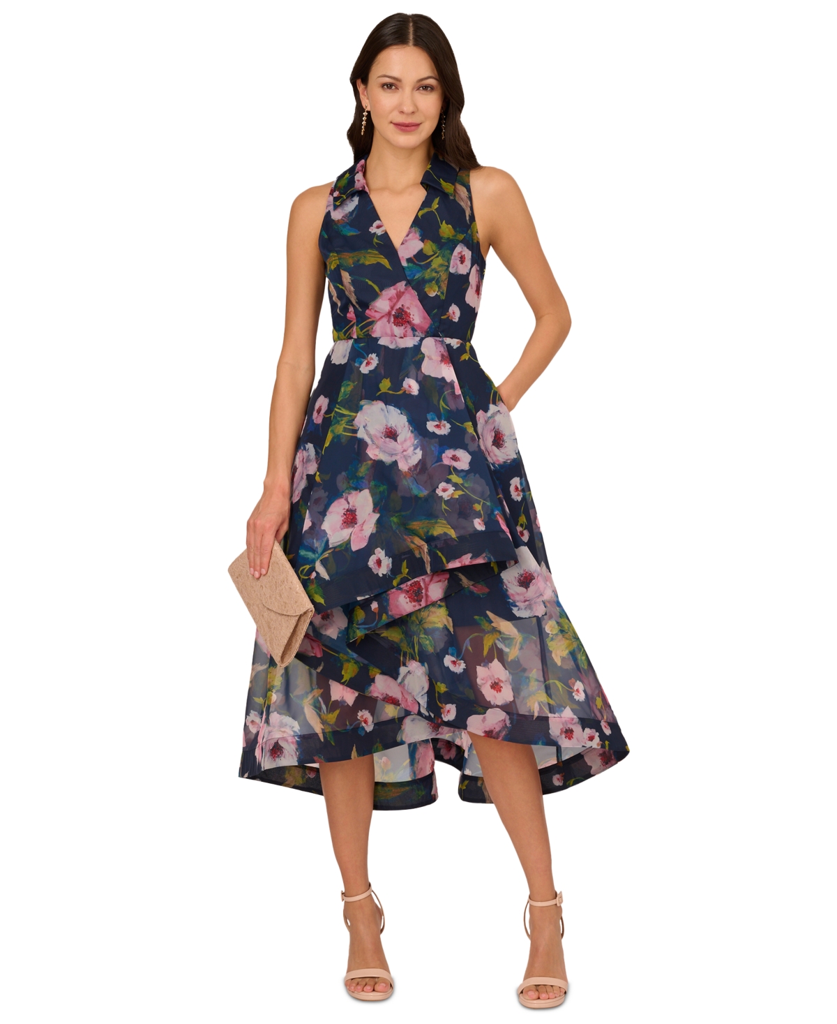 Shop Adrianna Papell Women's Floral High-low Organza Dress In Mavy Multi