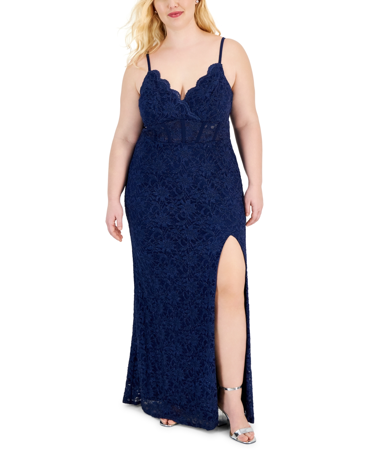 Trendy Plus Size Lace Bodycon Gown - Navy