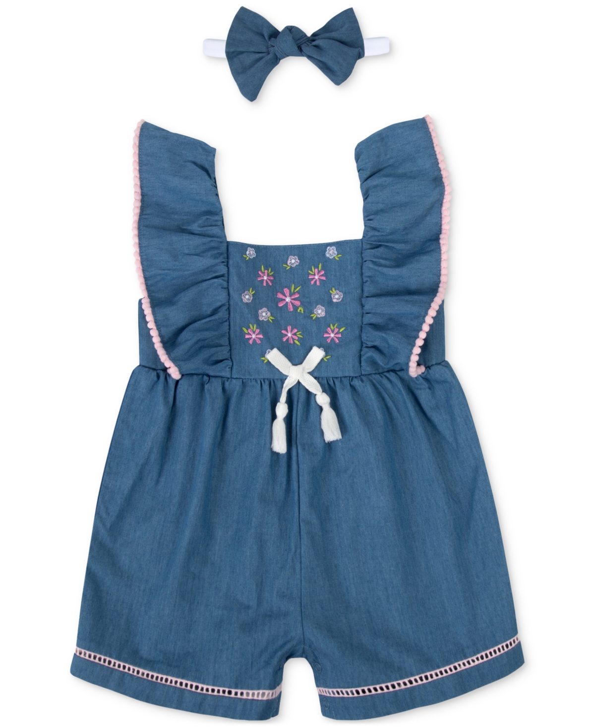 Baby Essentials Baby Girls Cotton Chambray Romper And Headband, 2 Piece Set In Navy