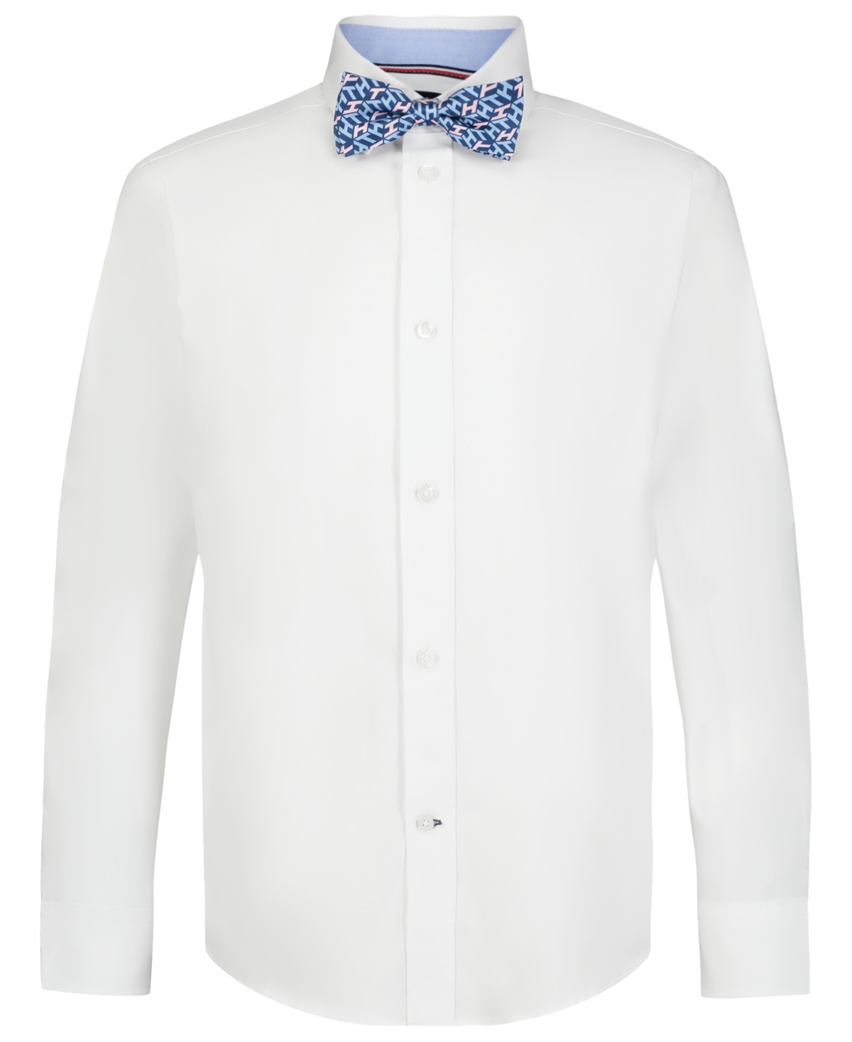 Tommy Hilfiger Big Boys Long Sleeve Stretch Solid Poplin Dress Shirt with Bow Tie