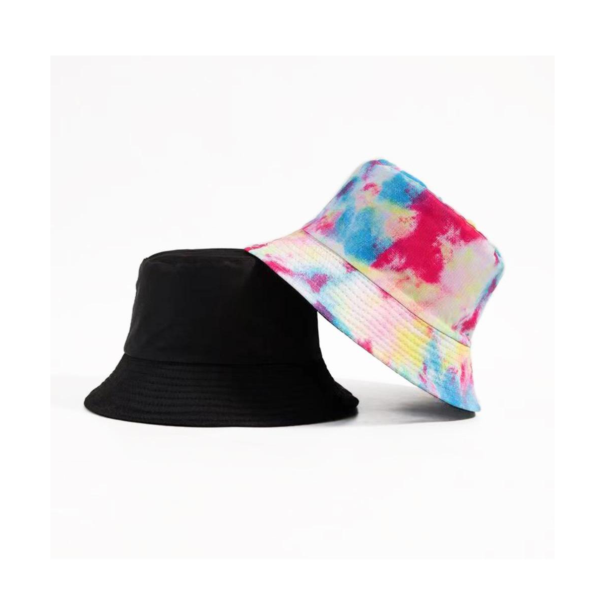 Unisex Reversible Tie Dye Solid Bucket Hat - Black/tie dye pink yellow