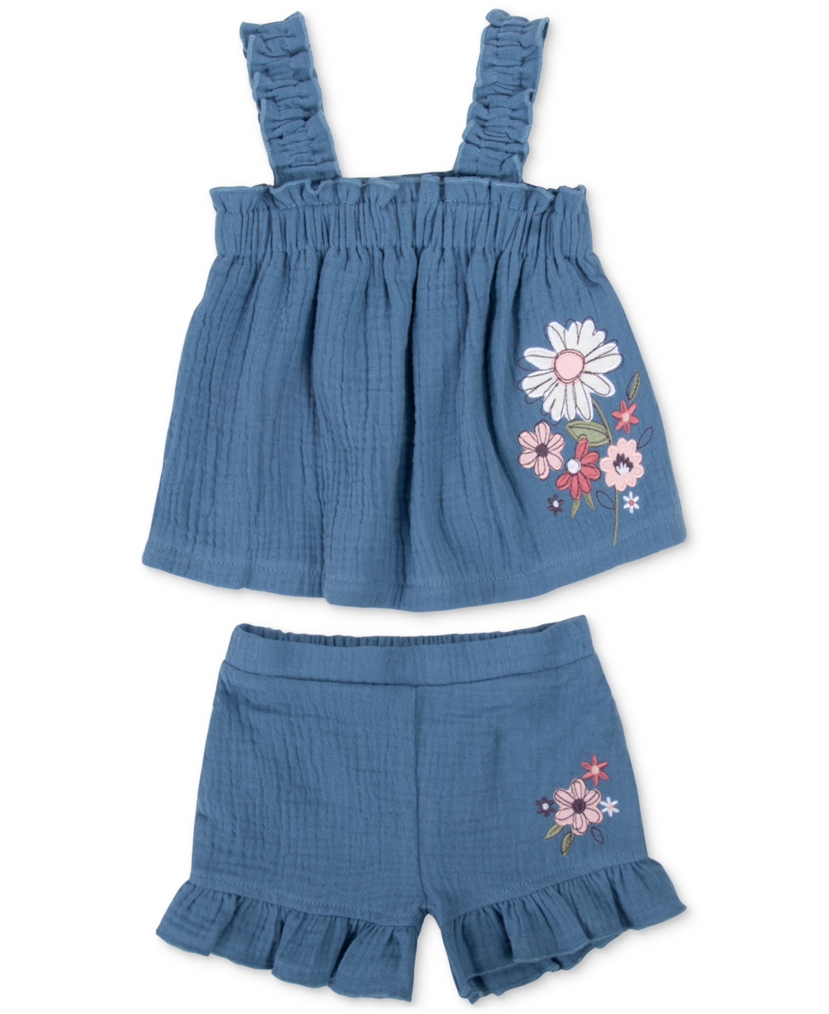 Shop Baby Essentials Baby Girls Cotton Chambray Top And Shorts, 2 Piece Set In Navy