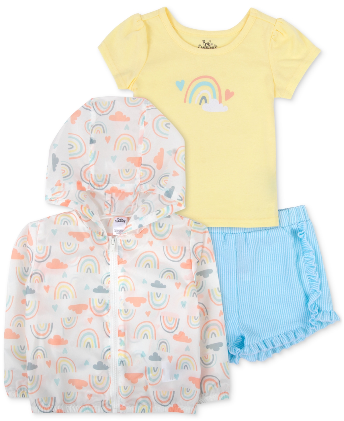 Shop Baby Essentials Baby Girls Windbreaker, Rainbow T-shirt And Shorts, 3 Piece Set In Multi