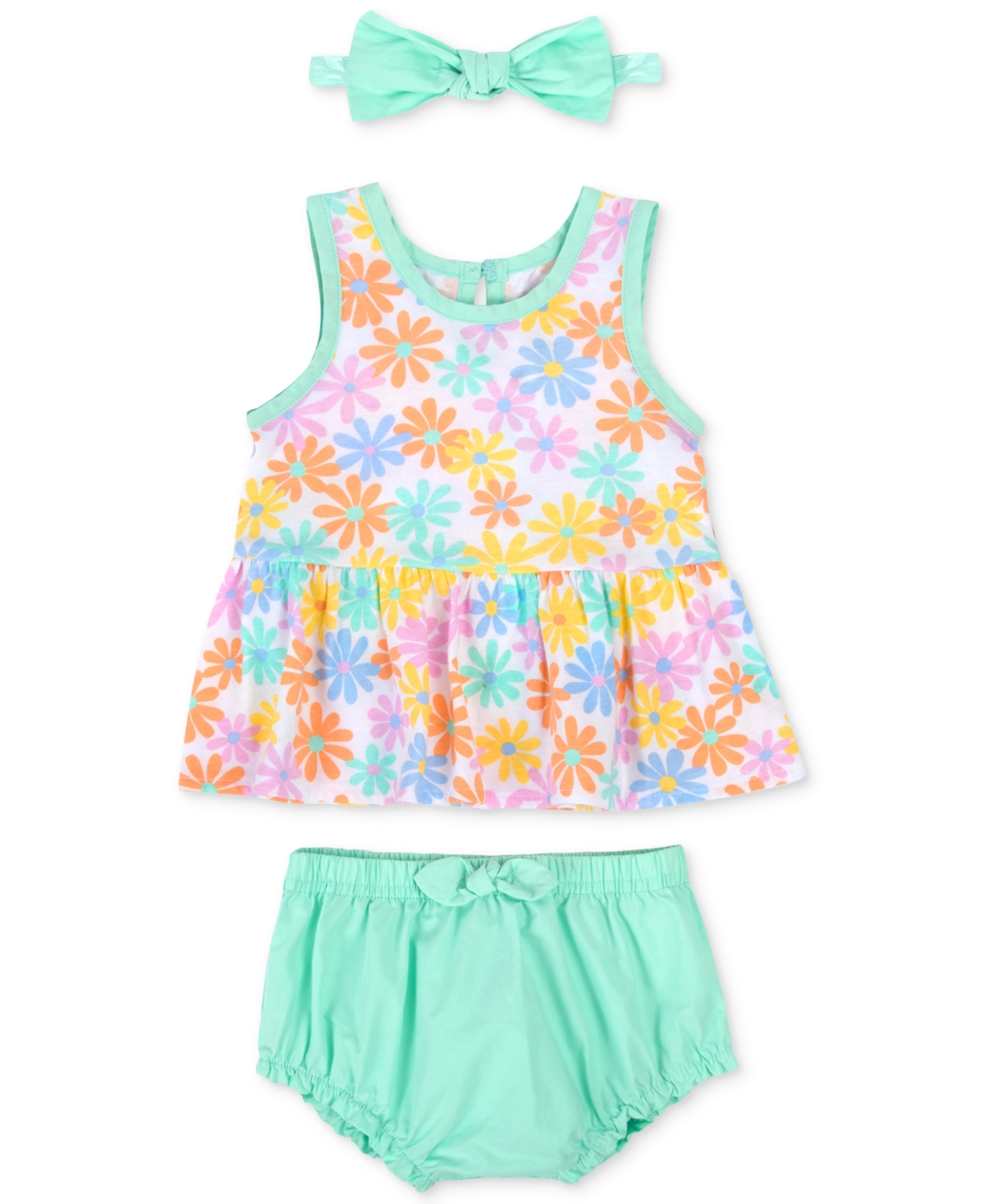 Shop Baby Essentials Baby Girls Flower-print Top, Bloomer And Headband, 3 Piece Set In Aqua