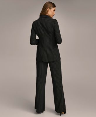 Shop Donna Karan Tie Front Pinstripe Blazer Wide Leg Pant In Black,cream