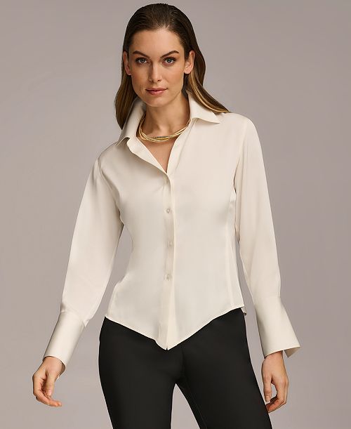 alfani Donna Karan New York Women's Button Front Point Hem Top Regular & Petite Sizes Women's Fashion Shoes & Accessories