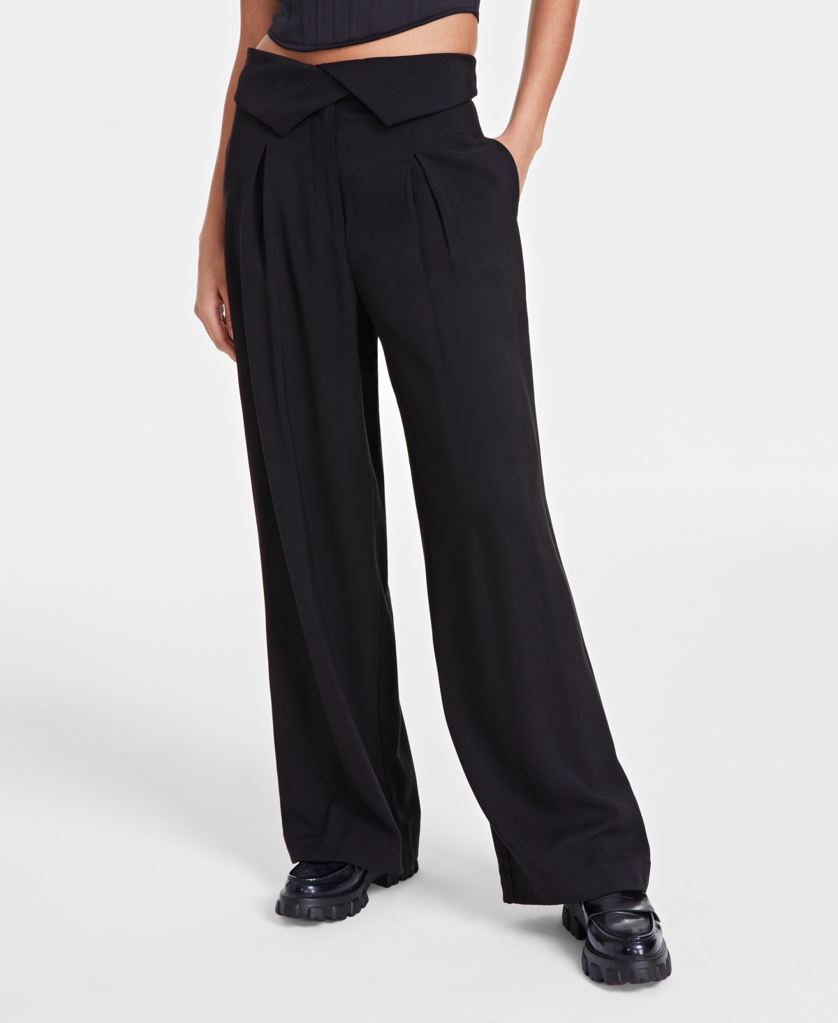 Bar Iii Women's Foldover-waist Wide-leg Pants, Created For Macy's In Deep Black