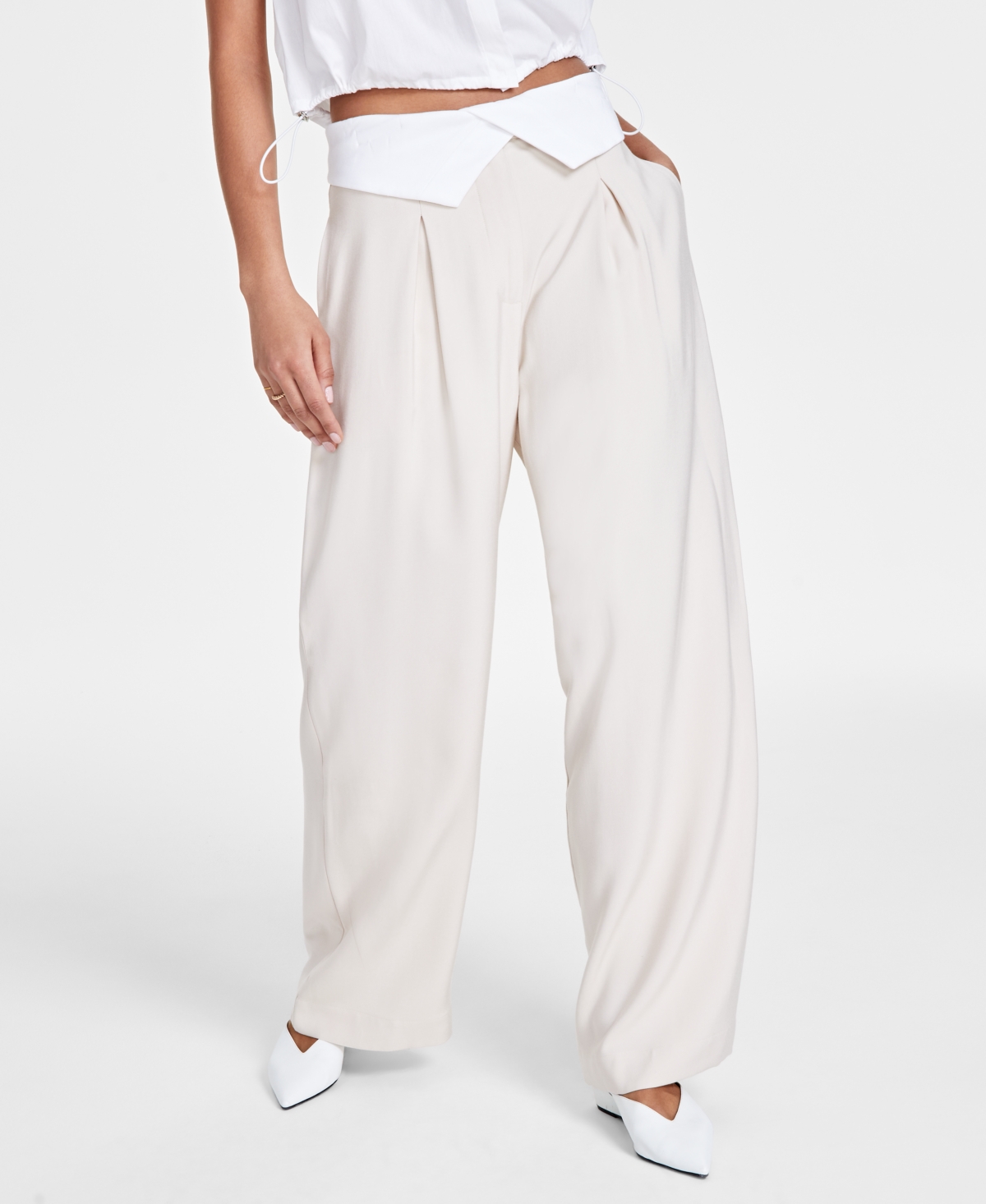 Bar Iii Women's Foldover-waist Wide-leg Pants, Created For Macy's In Brazilian Sand