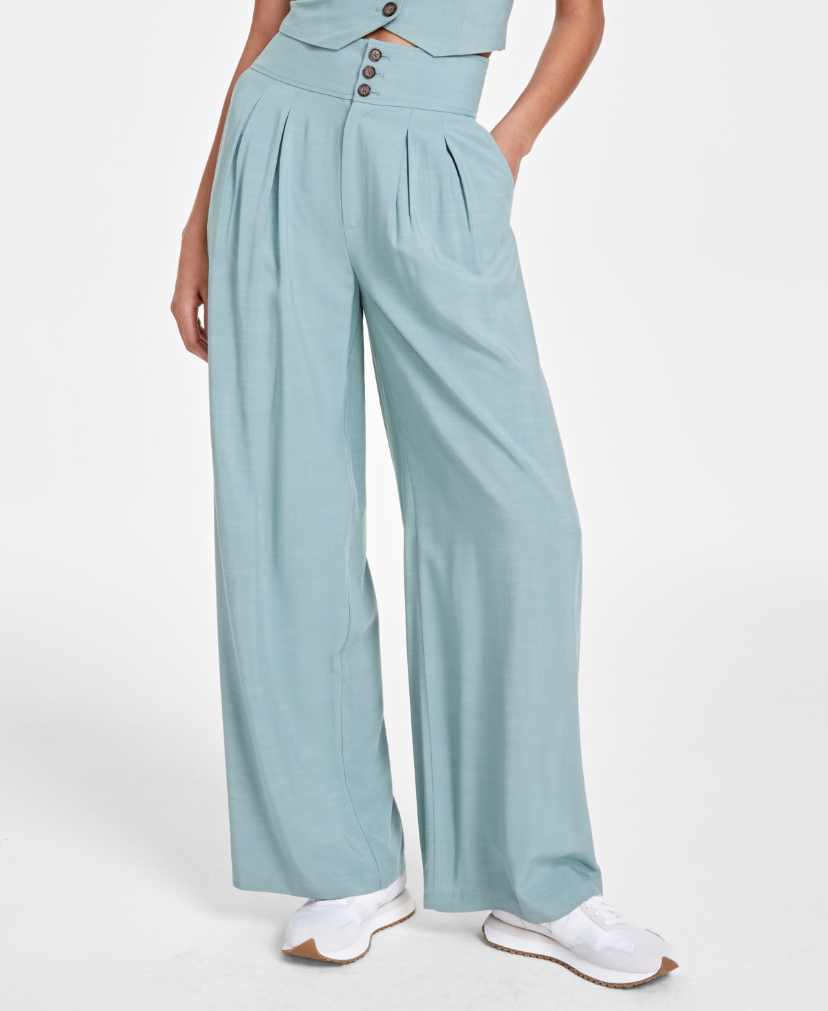 Bar Iii Petite High Rise Pleat-front Wide Leg Pants, Created For Macy's In Everglade Green