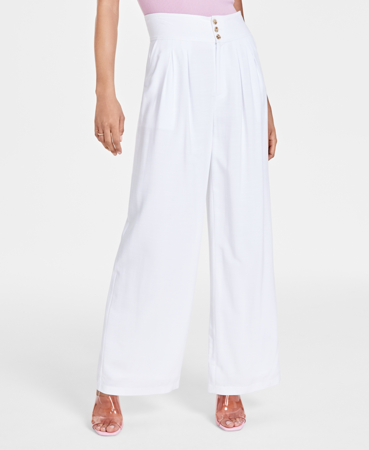 Shop Bar Iii Women's Button-front Wide-leg Pants, Created For Macy's In Bright White
