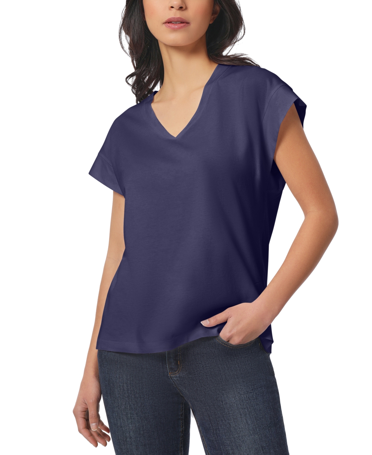 Shop Jones New York Women's V-neck Drop-shoulder T-shirt In Pacific Navy