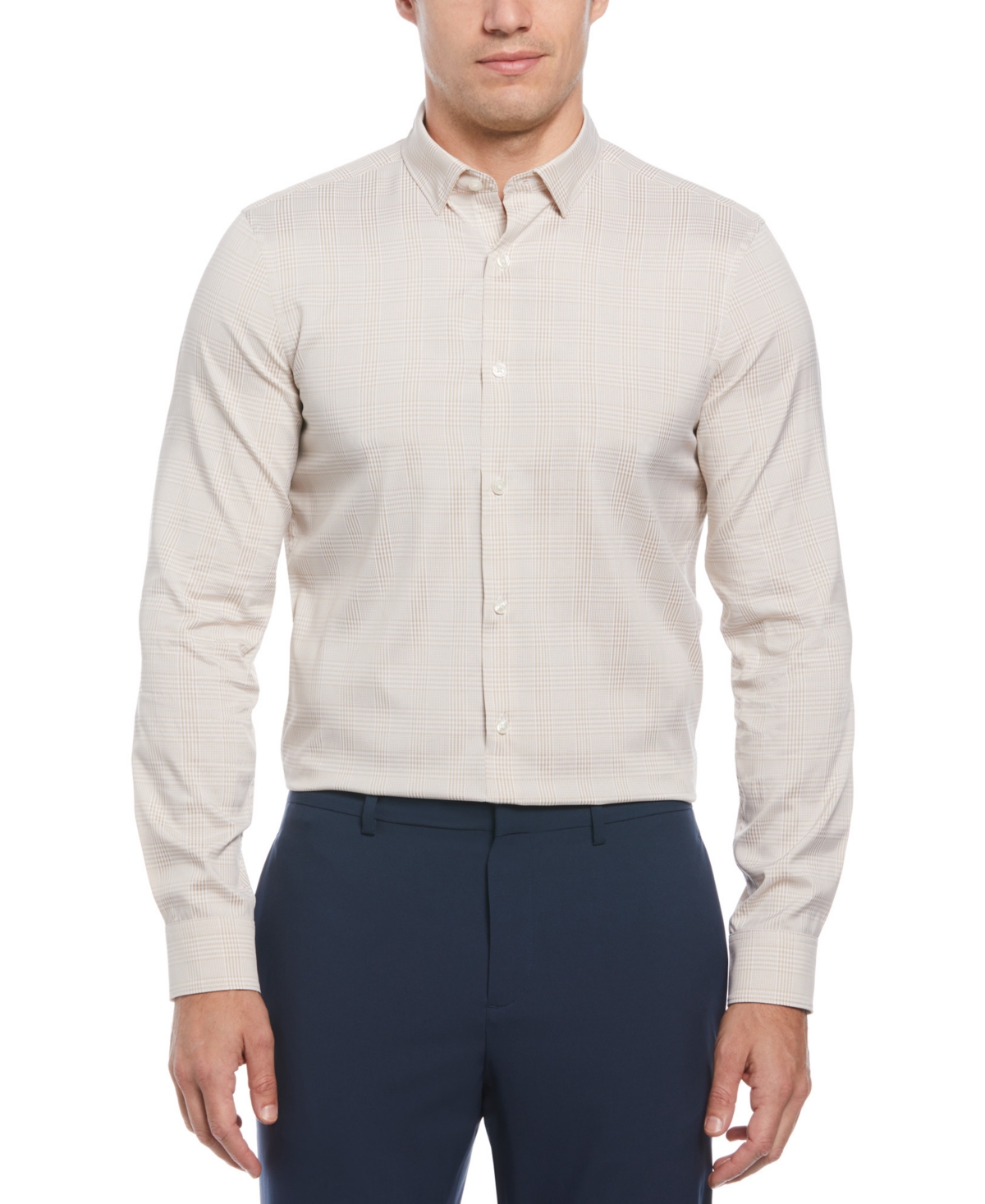 Shop Perry Ellis Men's Slim-fit Stretch Glen Plaid Button-down Shirt In Island Fossil
