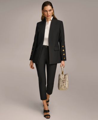 Shop Donna Karan Womens Button Sleeve Blazer Collared Shirt Slim Leg Ankle Pants In Black