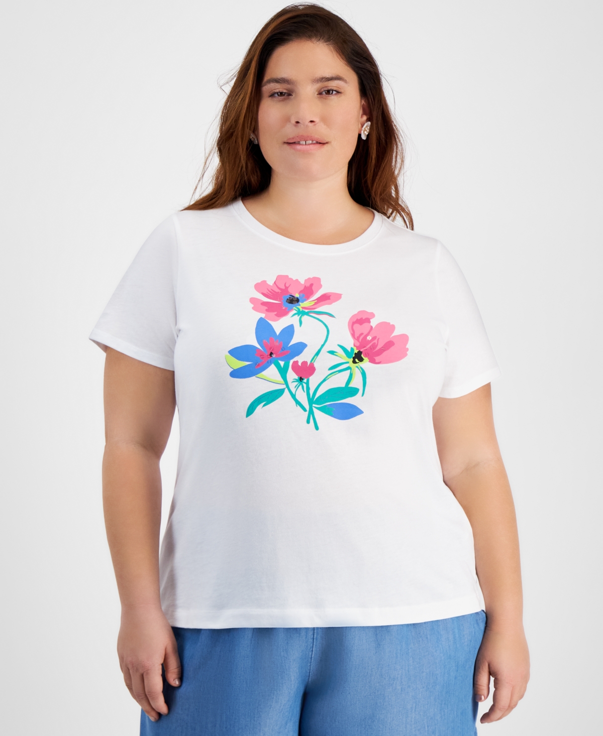 On 34th Trendy Plus Size Floral Graphic Relaxed-fit T-shirt, Created For Macy's In Bright White
