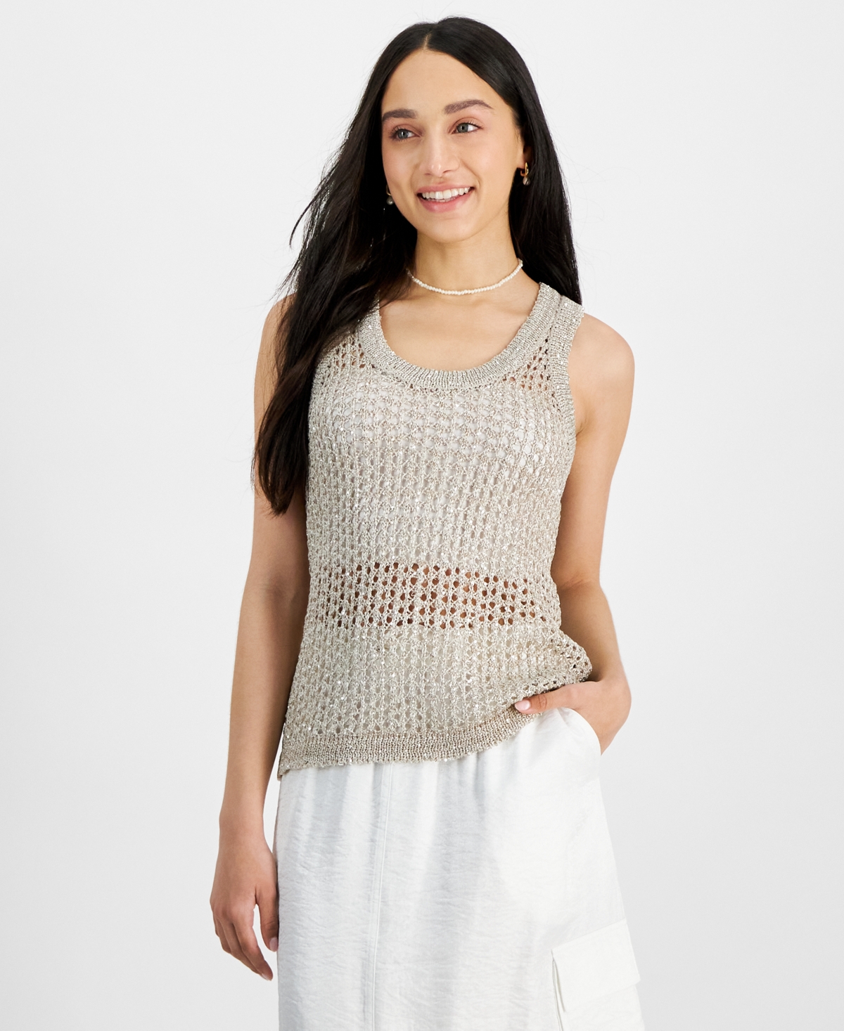 Shop Bar Iii Petite Open-stitch Sleeveless Metallic-threaded Sweater, Created For Macy's In Silver Drop