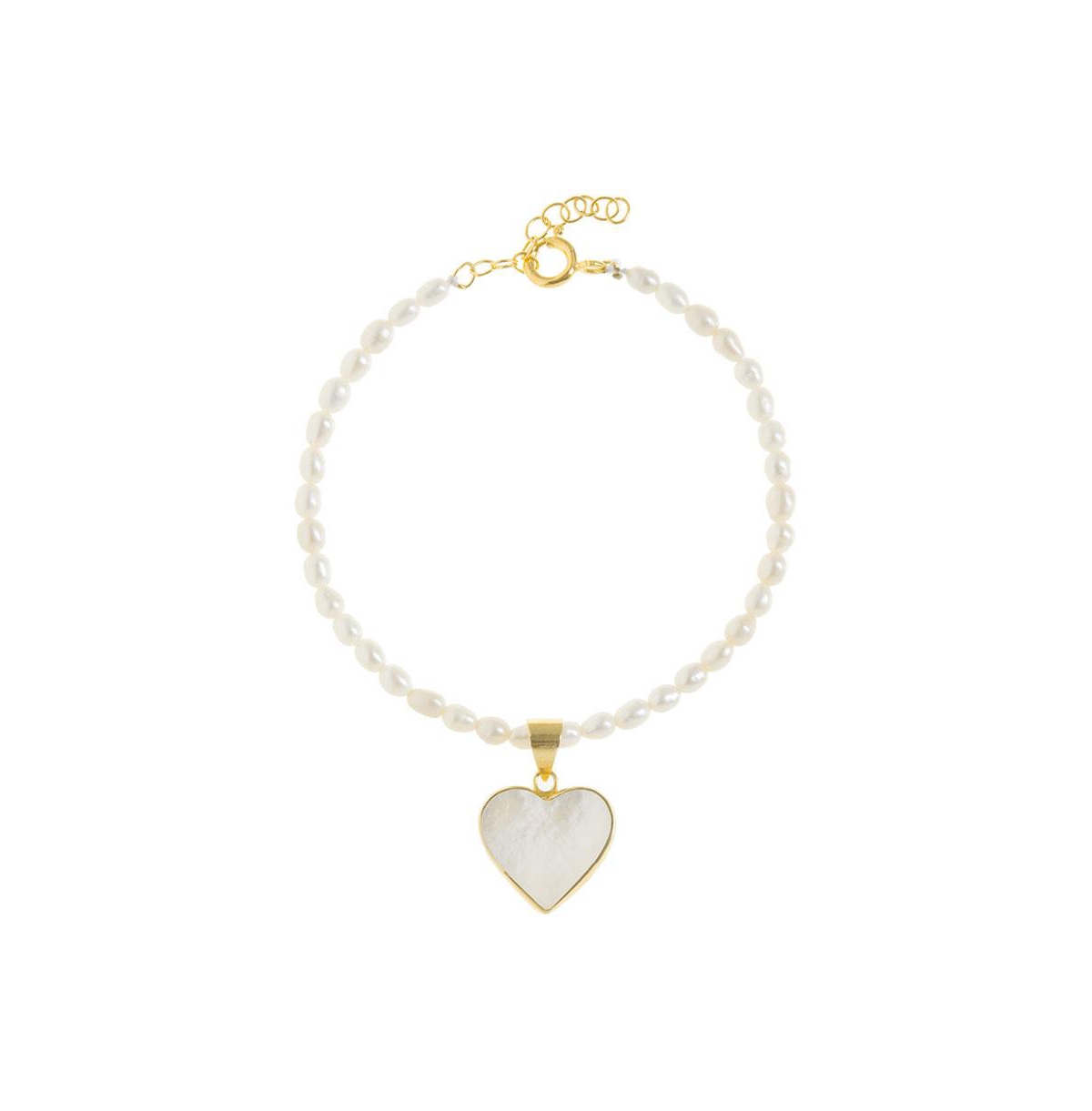 Rice Pearl Bracelet with Heart Charm - White