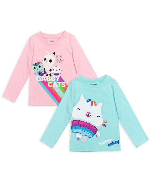 Футболки Gabby's Dollhouse MerCat Cakey Cat Kitty Fairy Pandy Paws Girls 2 Pack для девочек, цвет: Розовый бирюзовый