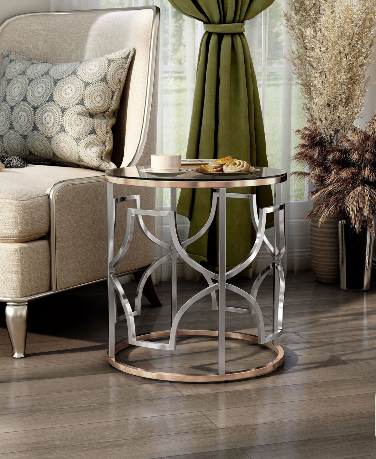Furniture Of America 23" Metal, Glass Camille Modern Round Glass Top End Table In Chrome And Gold