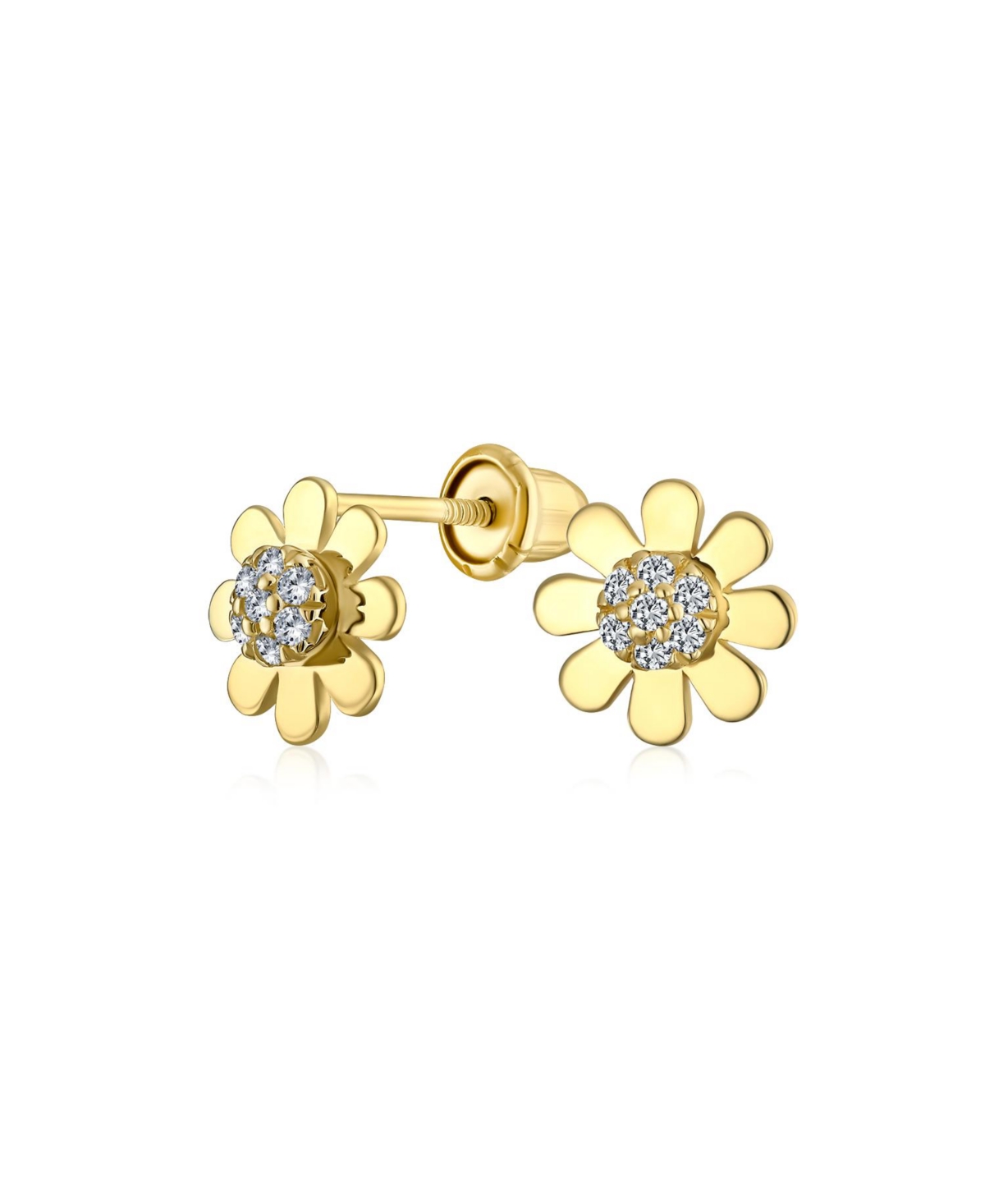 Tiny Petite Cz Cubic Zirconia Accent Dainty Real 14K Yellow Gold Sunflower Daisy Flower Stud Earrings For Women Teen Secure Clutch Screw back - Gold