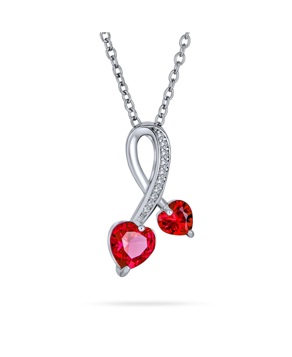 Romantic Promise Pave Accented Criss Crossing Twisting Two Ruby Red Aaa Cz Hearts Necklace Pendant For Women Teens .925 Sterling Silver - Red jul