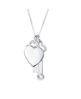 Love Lock And Key Heart CZ Accent Charm Pendant Necklace Sterling Silver