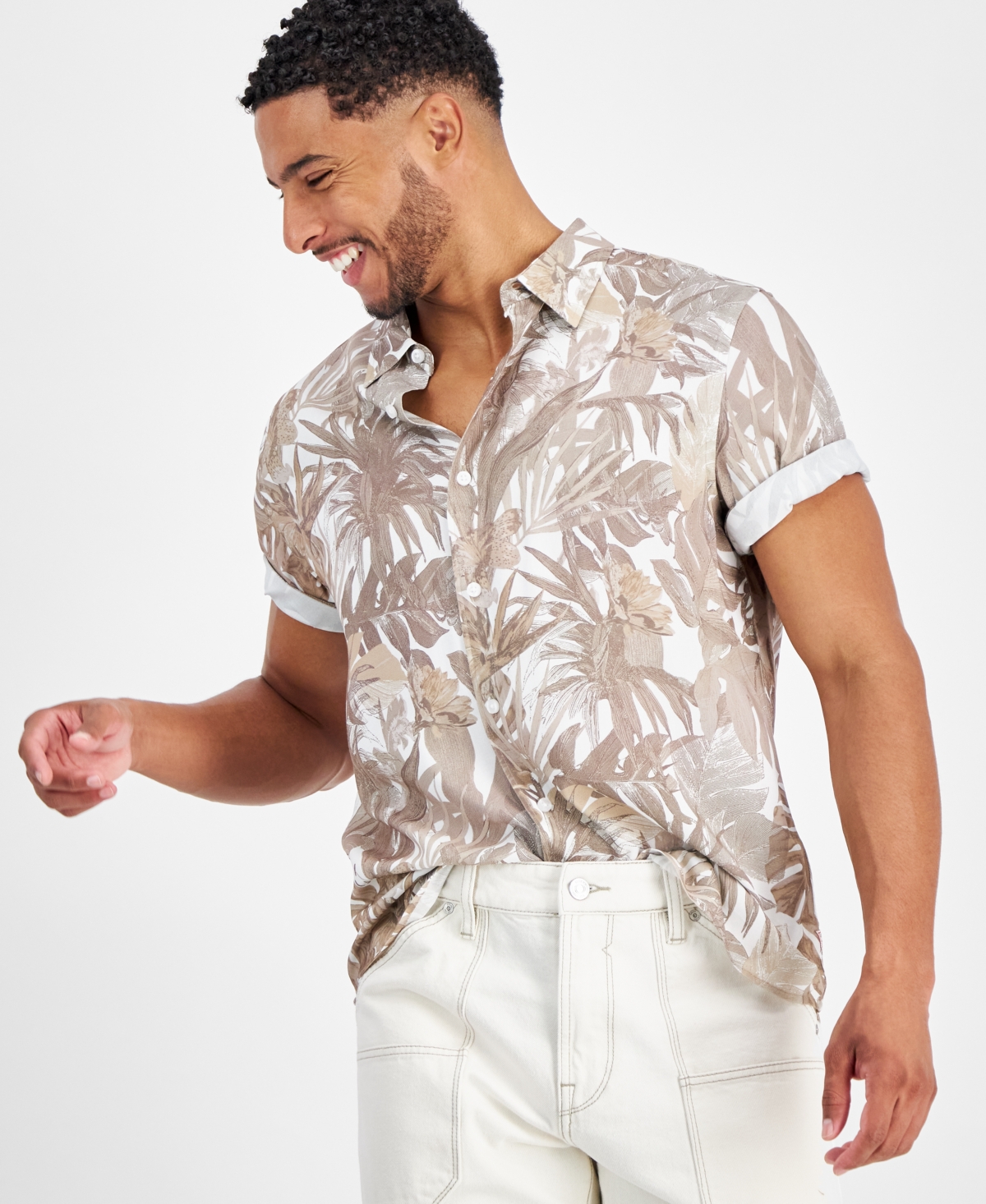 Guess Men's Tropical-print Short-sleeve Button-down Shirt In Etched Tropical Print Foamy Taupe