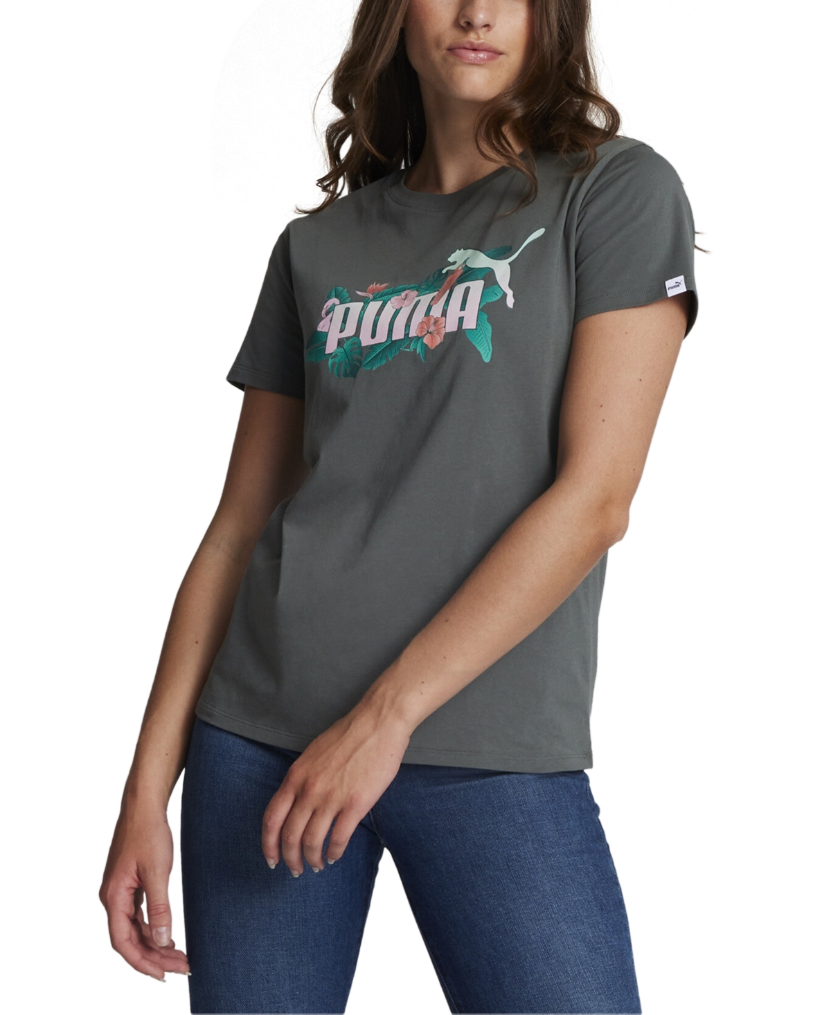 Puma Women's The Tropics Cotton Logo-graphic T-shirt In Mineral Gray