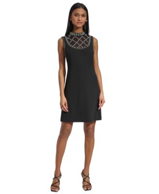 KARL LAGERFELD PARIS - Women's Scuba Crepe A-Line Imitation Pearl-Embellished Dress