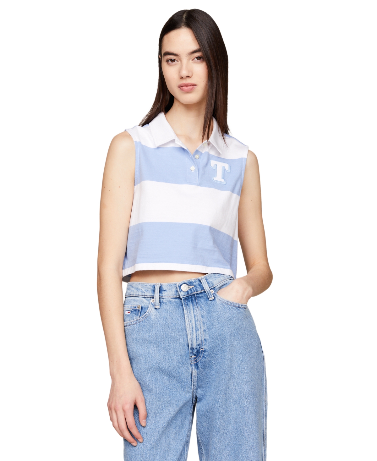 Tommy Jeans Women's Letterman Striped Sleeveless Polo Shirt In Moderate Blue,stripe