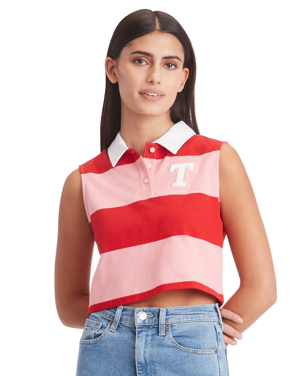 Tommy Jeans Women's Striped Letterman Crewneck Cotton Sweatshirt In Tickled Pink,stripe